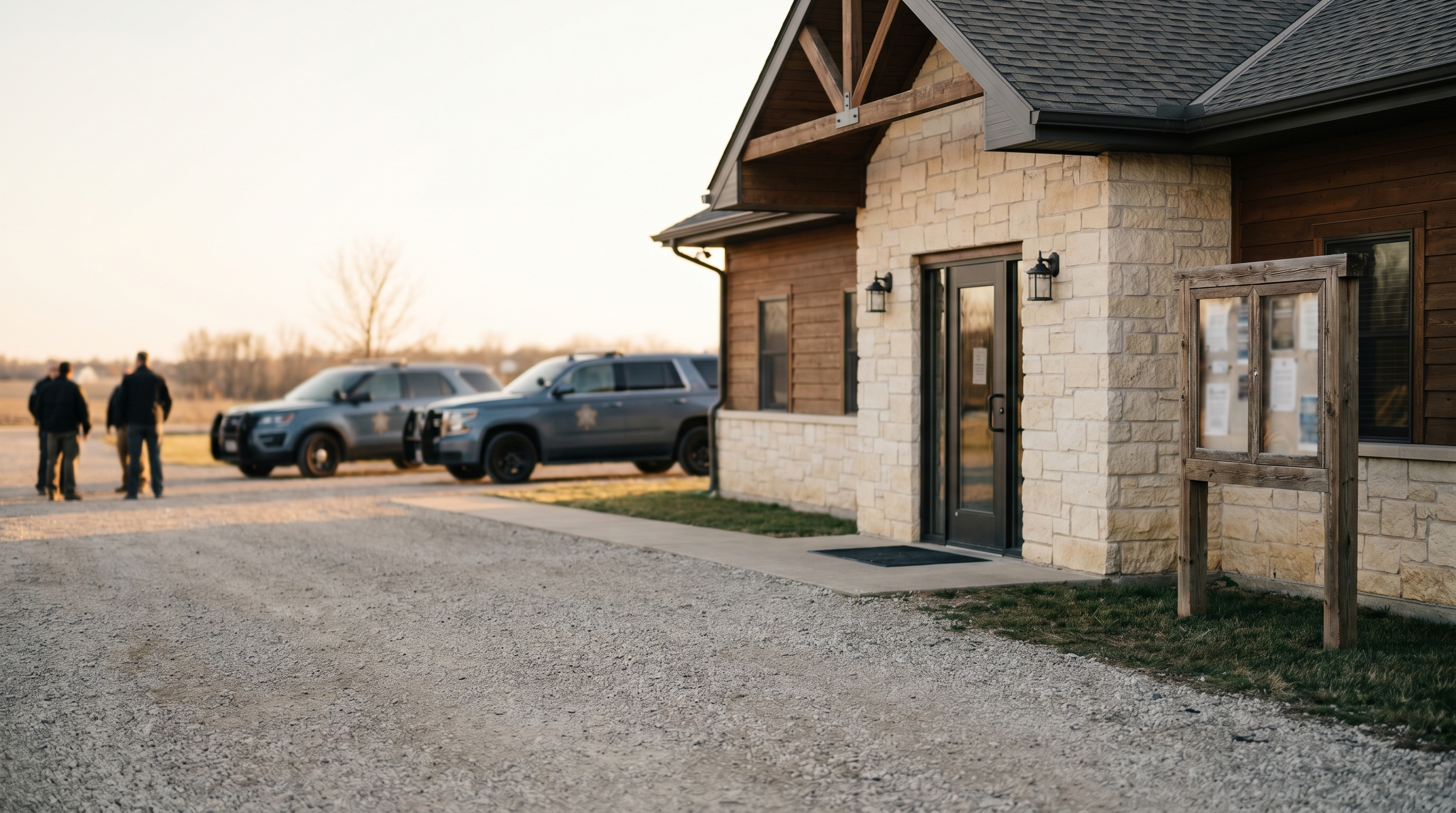 Rural sheriff substation building with stone-and-wood siding and a wide gravel driveway in golden-hour light, no insignia or flags.